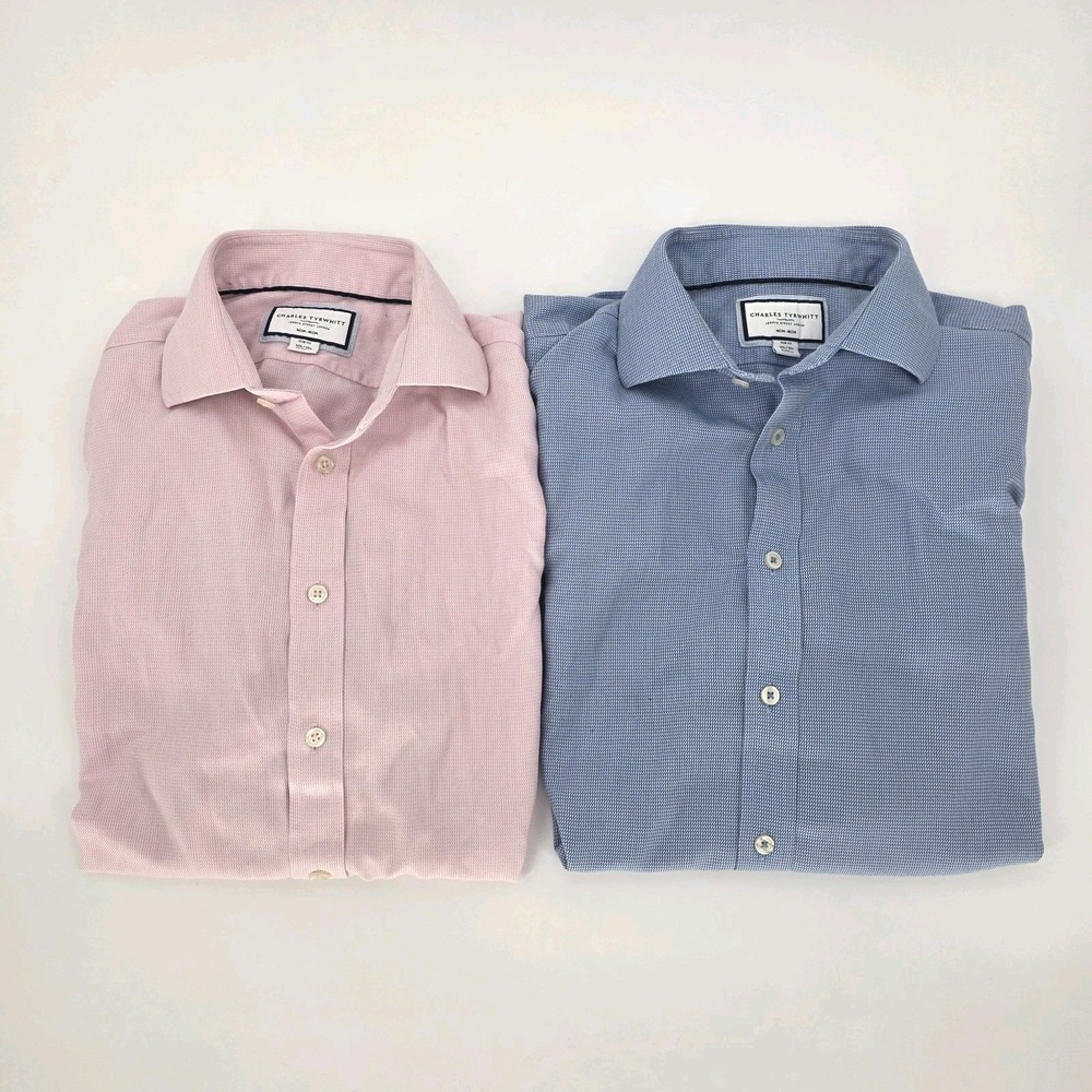 Charles Tyrwhitt Dress Shirt Men 16.5 33 L/S Blue Pink Non Iron Lot 2 Button Up